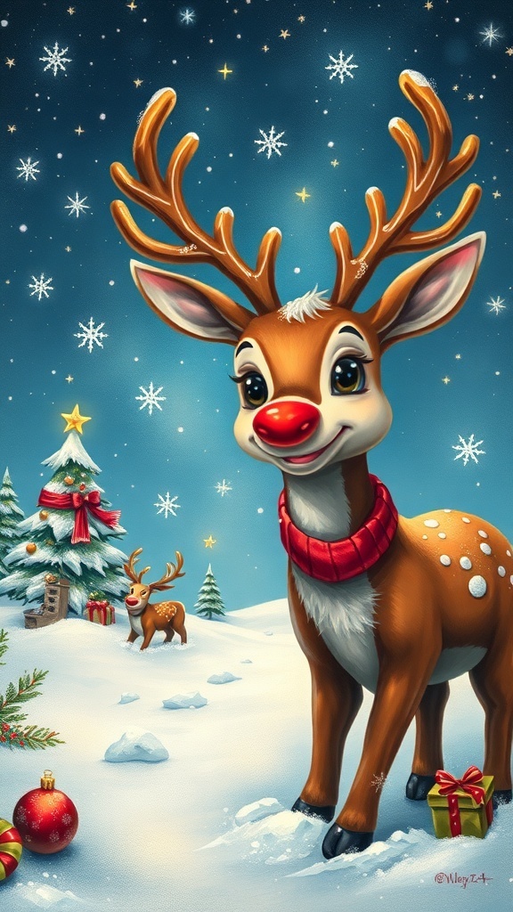 A festive painting of Rudolph the Red-Nosed Reindeer in a winter scene with snowflakes and a starry sky.